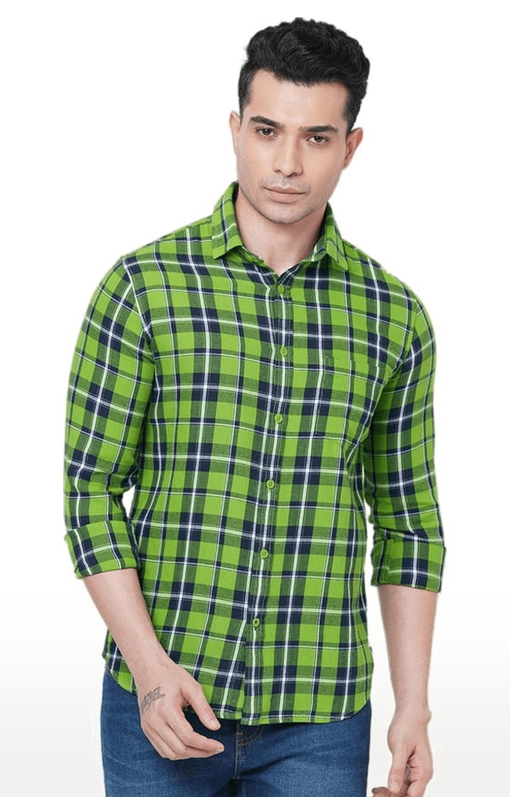 SOLEMIO | Men's Green Cotton Checked Casual Shirt 0