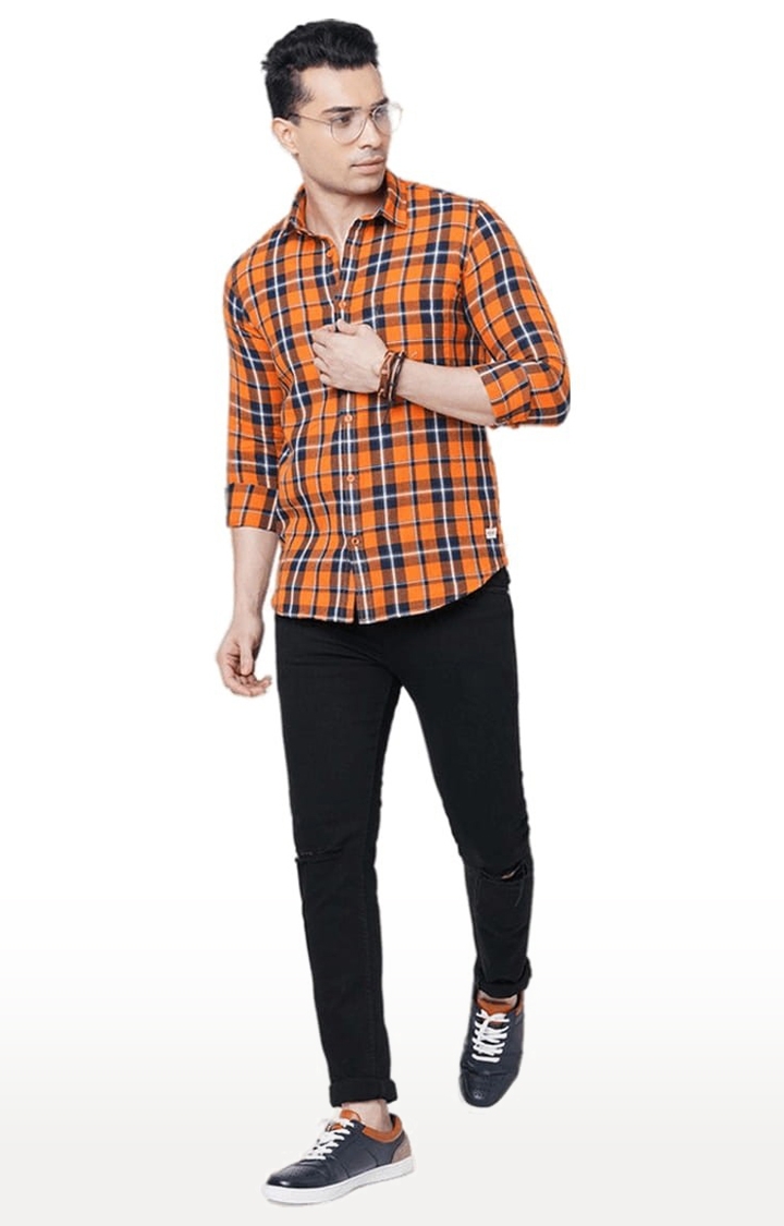 SOLEMIO | Men's Orange Cotton Checked Casual Shirt 1