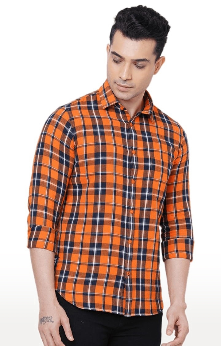 SOLEMIO | Men's Orange Cotton Checked Casual Shirt 2