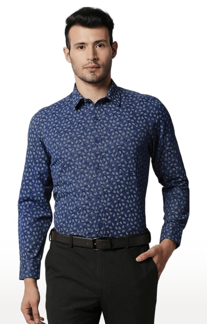 SOLEMIO | Men's Blue Cotton Printed Formal Shirt 0