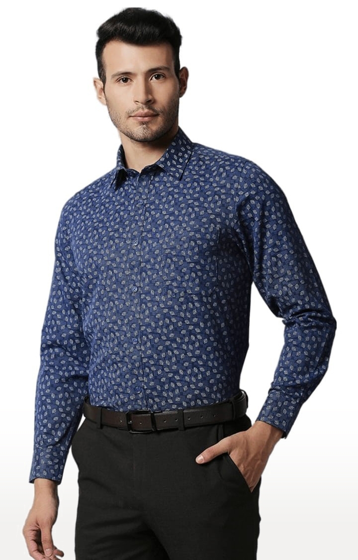 SOLEMIO | Men's Blue Cotton Printed Formal Shirt 2