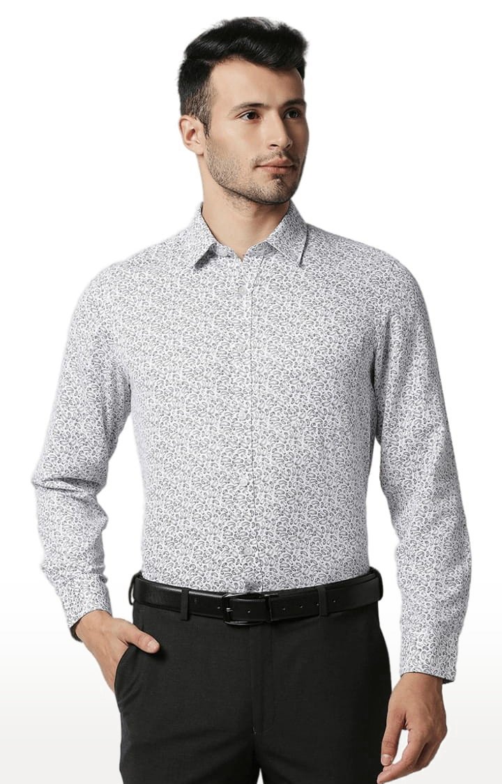 Men's White Cotton Printed Formal Shirt