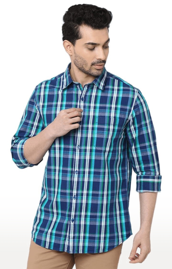 SOLEMIO | Men's Blue Cotton Checked Casual Shirt 1