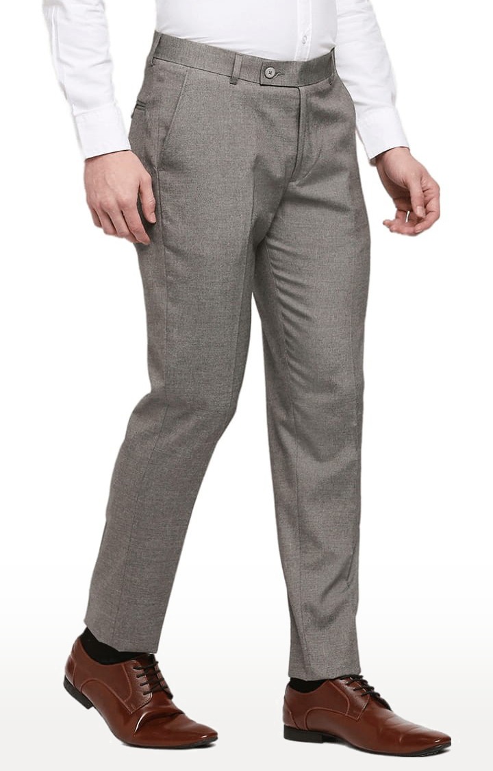 Men's Grey Polyester Solid Formal Trousers