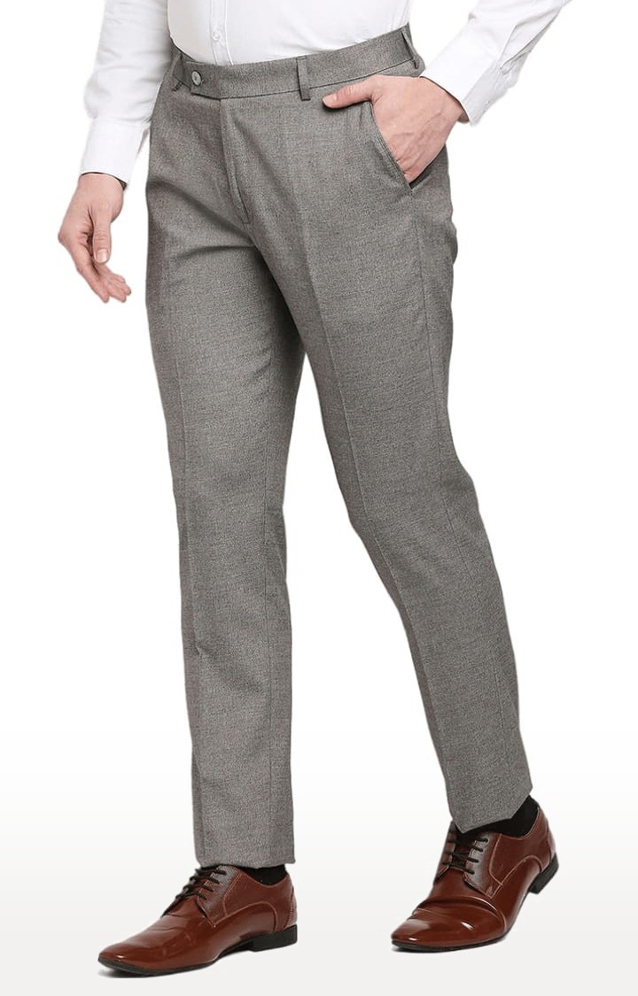 Men's Grey Polyester Solid Formal Trousers