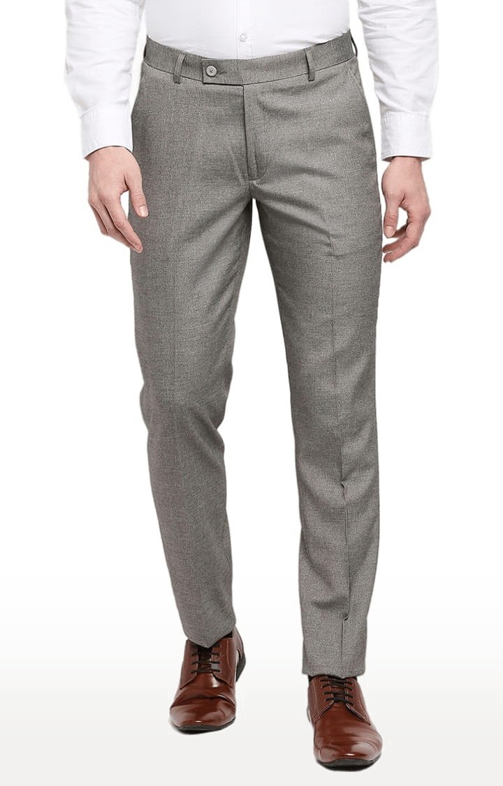 Men's Grey Polyester Solid Formal Trousers