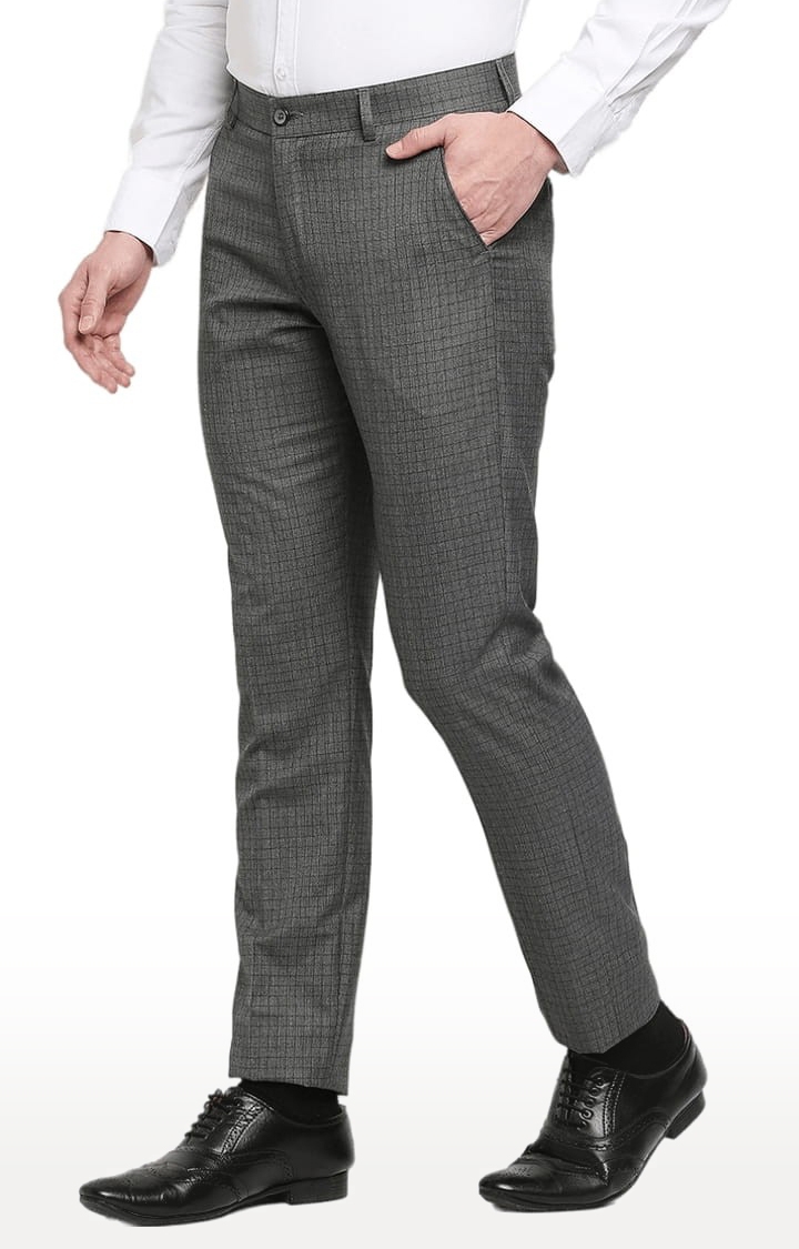 SOLEMIO | Men's Grey Polyester Checked Formal Trousers 2