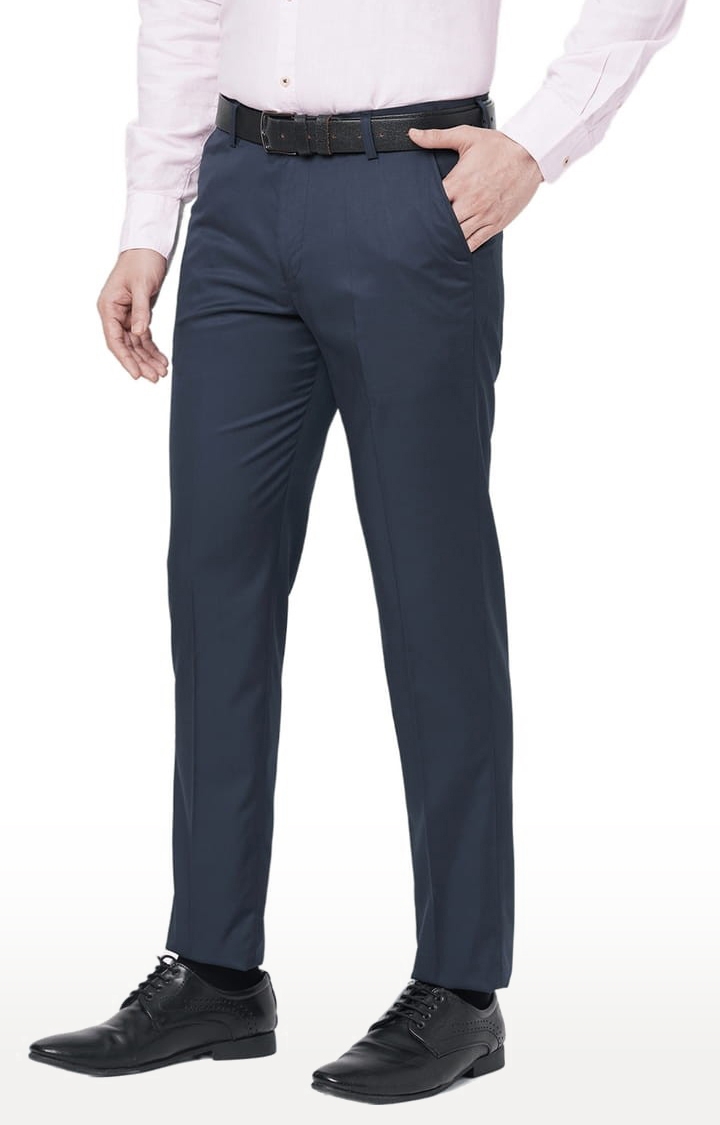 SOLEMIO | Men's Blue Polyester Solid Flat Front Formal Trousers 2