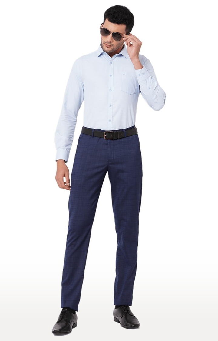 SOLEMIO | Men's Blue Polyester Checked Formal Trousers 1