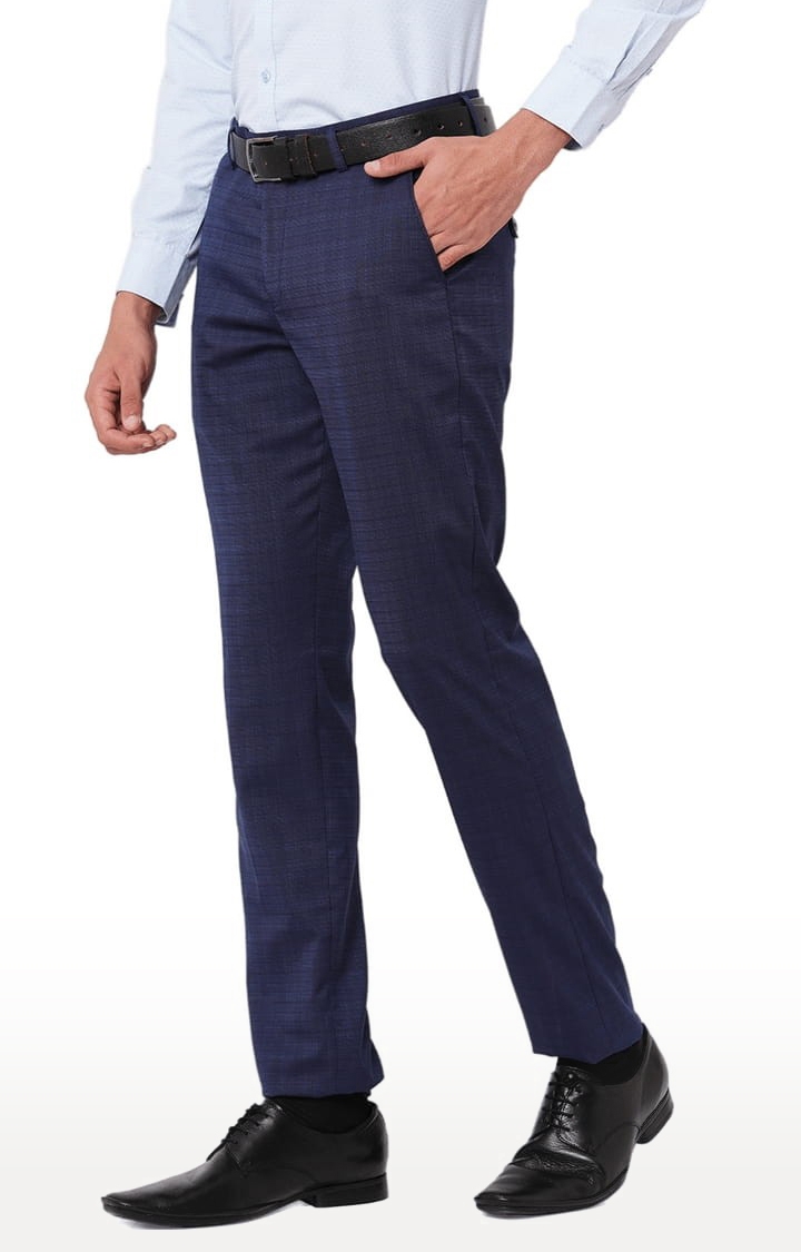 SOLEMIO | Men's Blue Polyester Checked Formal Trousers 2