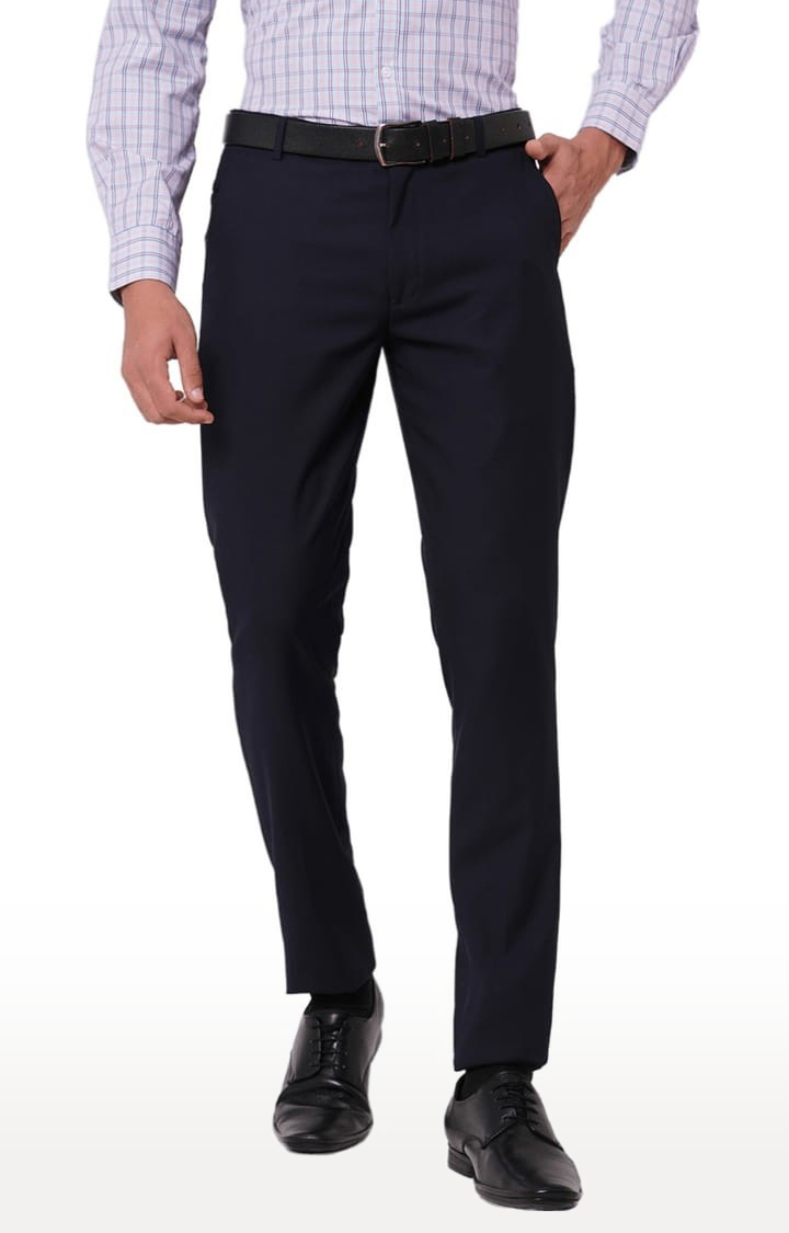 Men's Blue Polyester Solid Formal Trousers