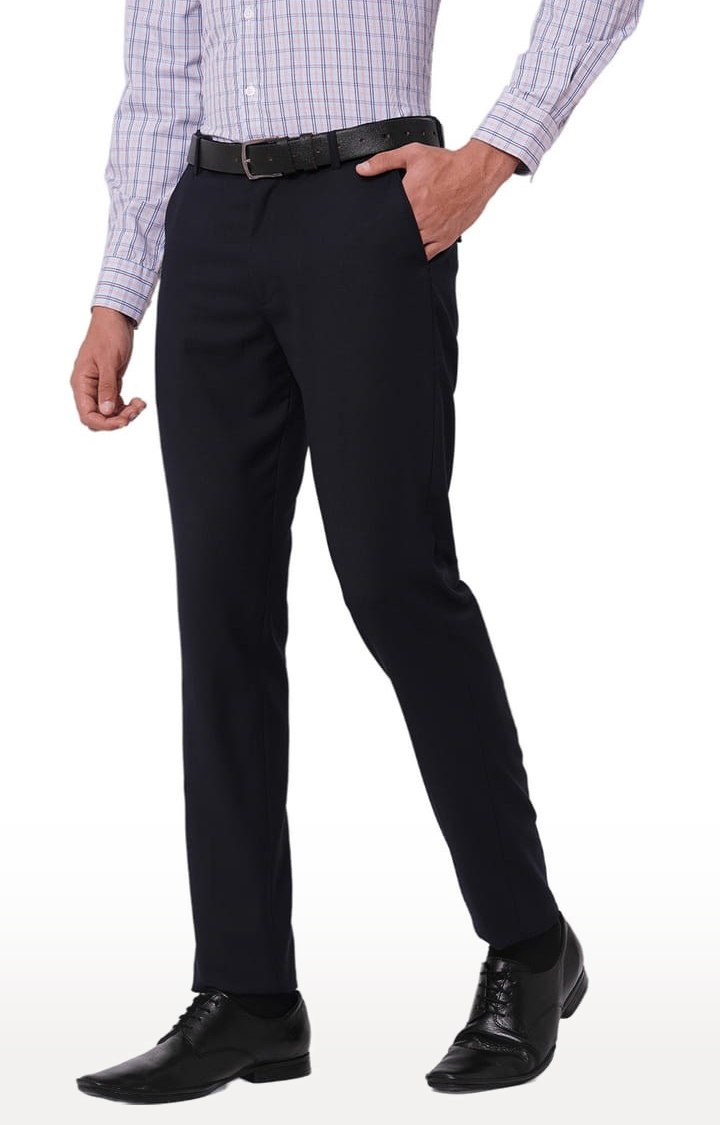 Men's Blue Polyester Solid Formal Trousers