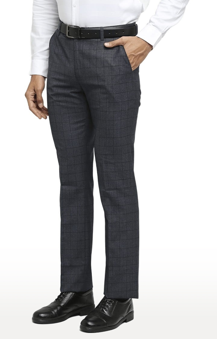 SOLEMIO | Men's Grey Polyester Checked Formal Trousers 2