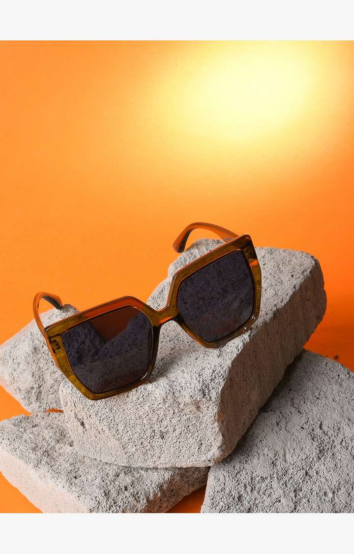 Haute Sauce By Campus Sutra Women Black Lens & Brown Rectangle Sunglasses With Uv Protected Lens