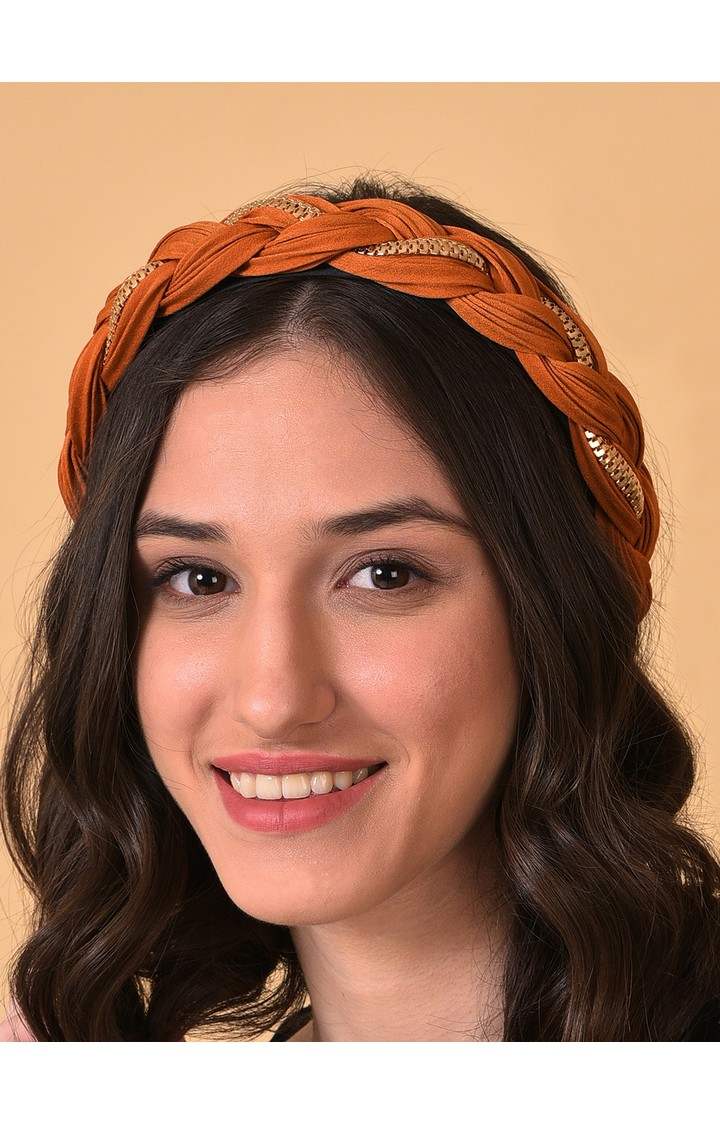 Women's Brown & Gold-Toned Embellished Braided Hairband