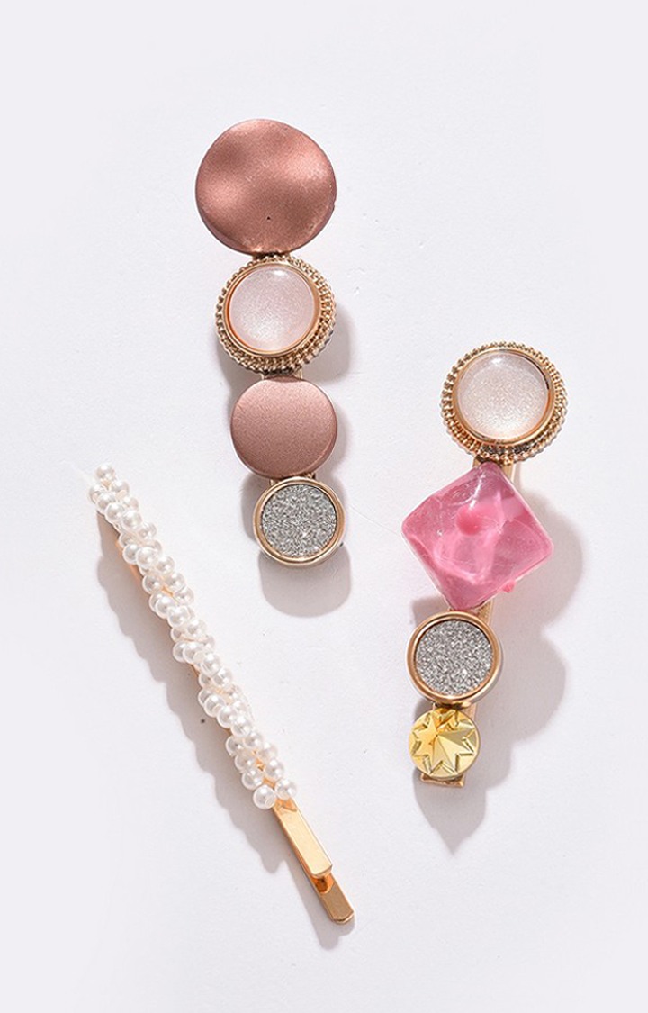 Women's Set of 3 Pink & White Gold-Plated Alligator Hair Clip