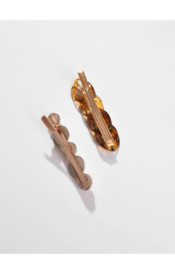 Women's Brown & White Set of 2 Embellished Alligator Hair Clip