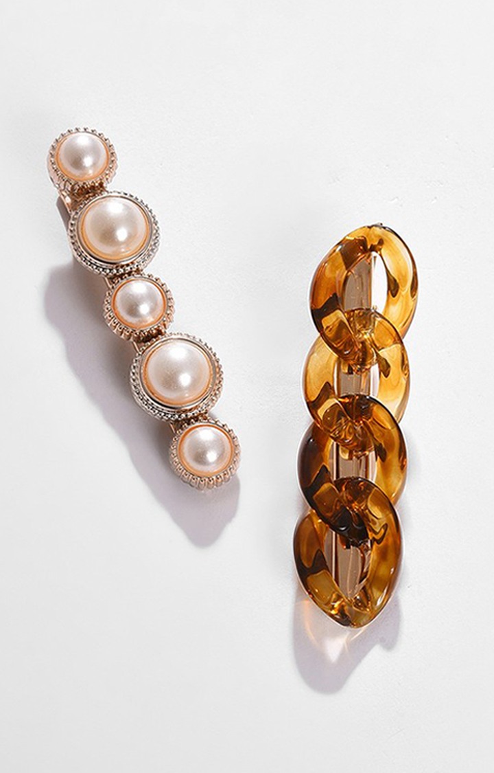 Women's Brown & White Set of 2 Embellished Alligator Hair Clip