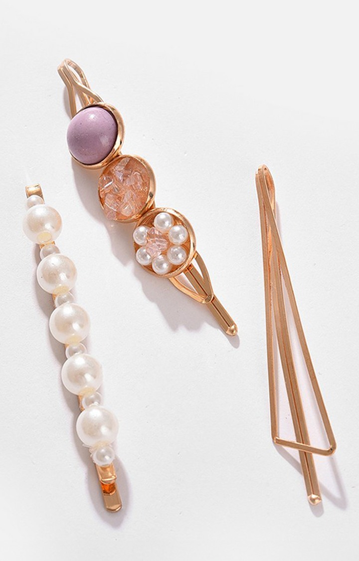 Women's Gold-Toned & White Set of 3 Embellished Bobby Pins
