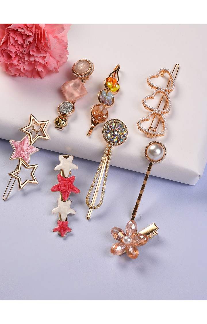 Women's Pink & White Set of 7 Gold-Plated Beaded Bumpit Hair Pin