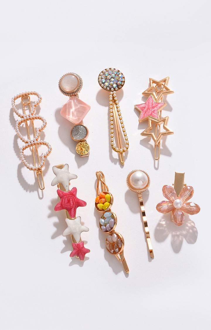 Women's Pink & White Set of 7 Gold-Plated Beaded Bumpit Hair Pin
