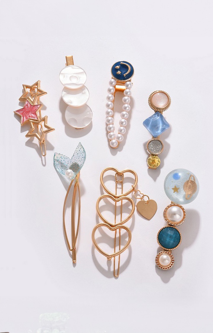 Women's Set Of 7 Blue & Gold-Toned & Plated Studded Hair Pins