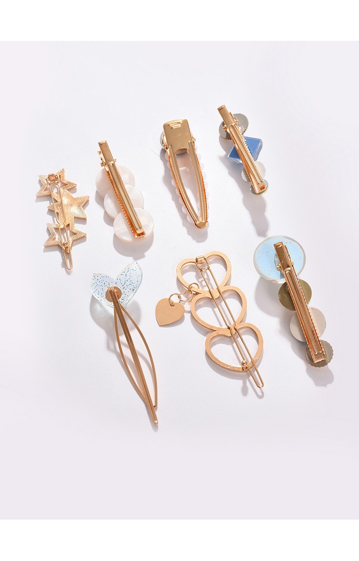 Women's Set Of 7 Blue & Gold-Toned & Plated Studded Hair Pins