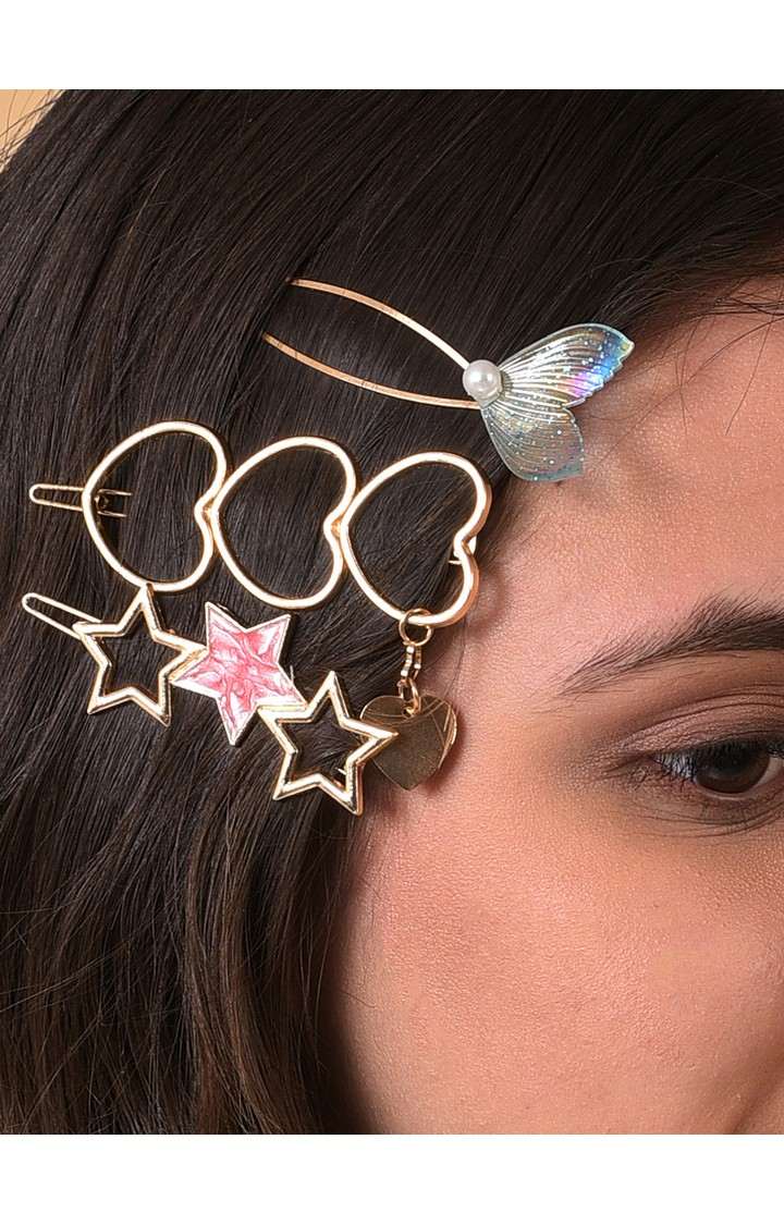 Women's Set Of 7 Blue & Gold-Toned & Plated Studded Hair Pins