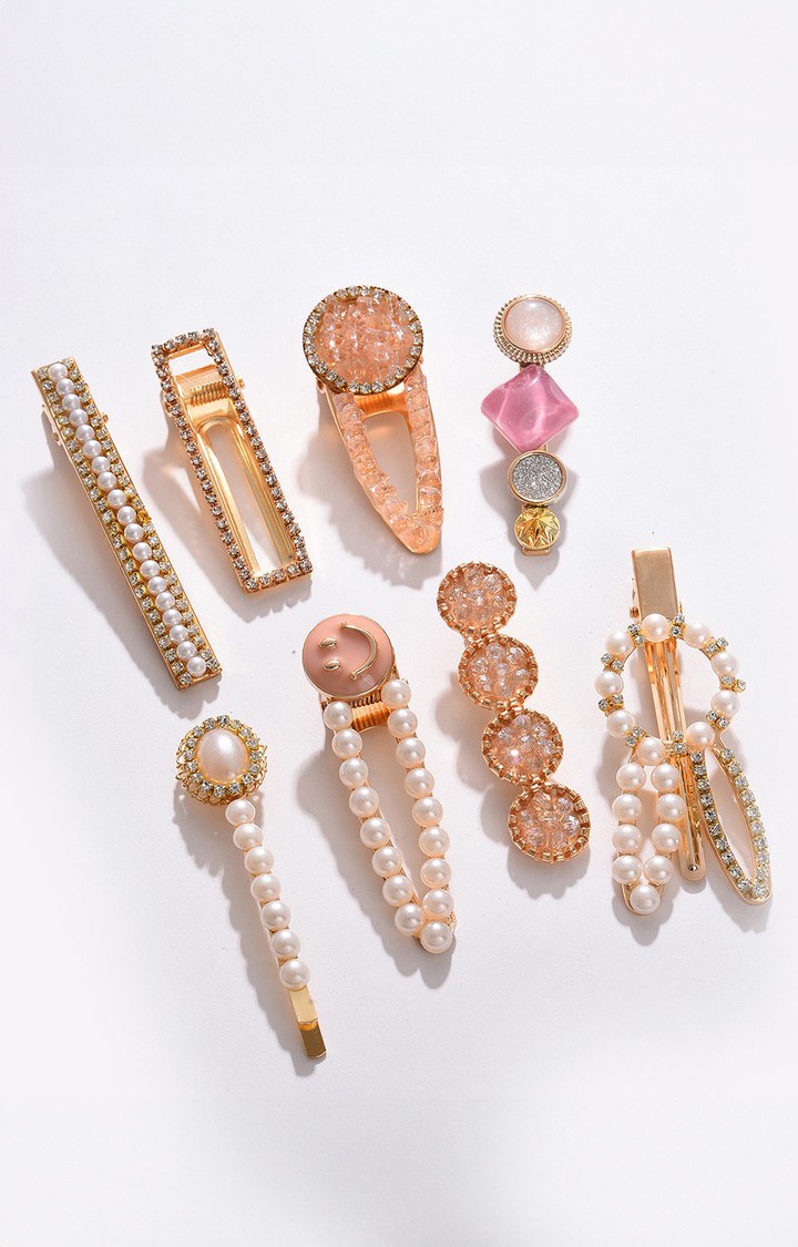 Women's Gold-Toned & White Set of 8 Embellished Alligator Hair Clips