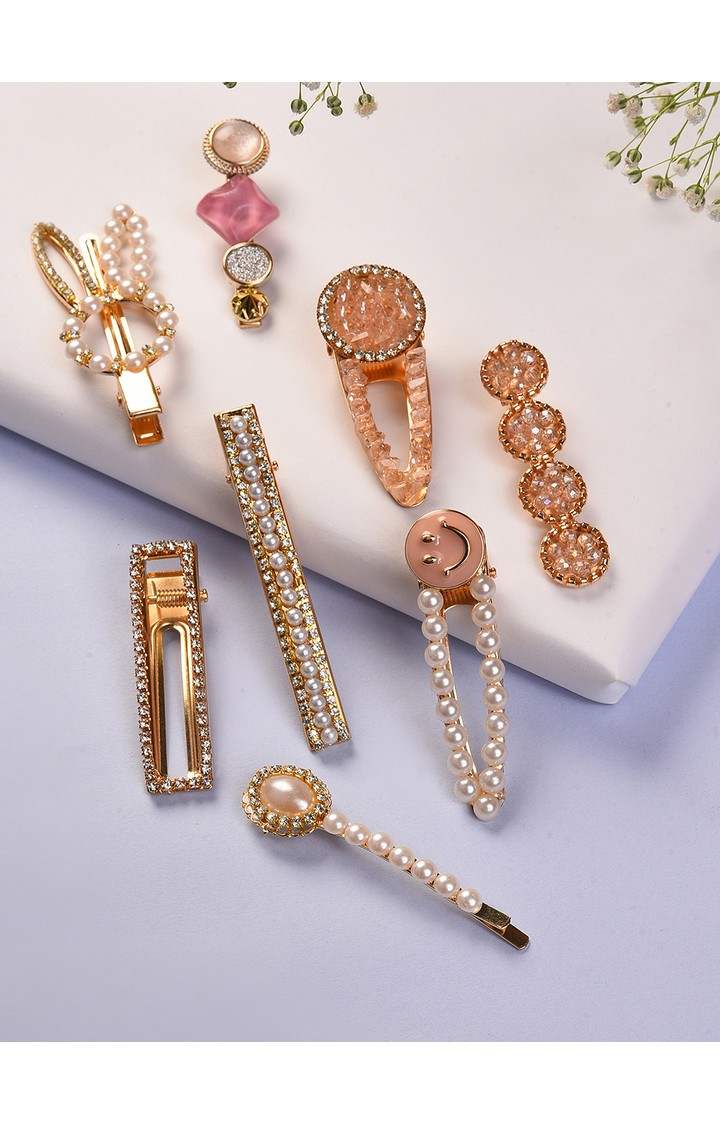 Women's Gold-Toned & White Set of 8 Embellished Alligator Hair Clips
