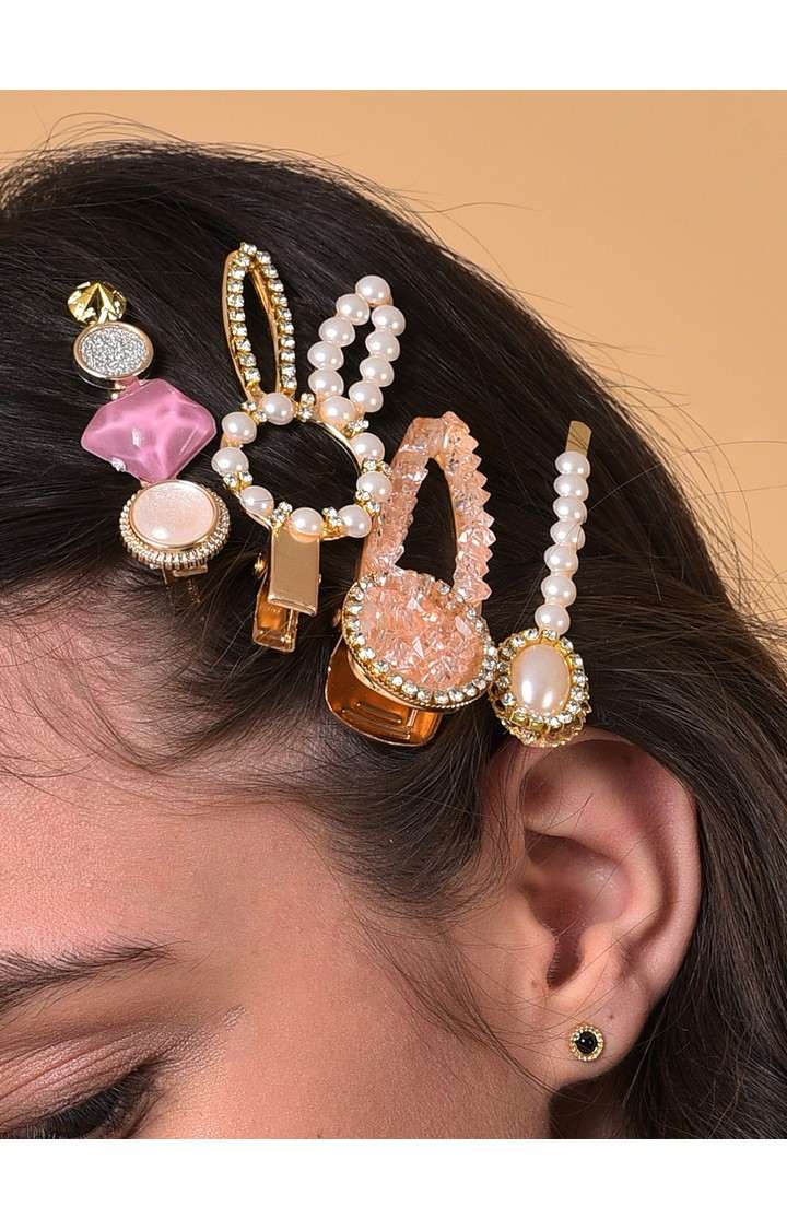 Women's Gold-Toned & White Set of 8 Embellished Alligator Hair Clips