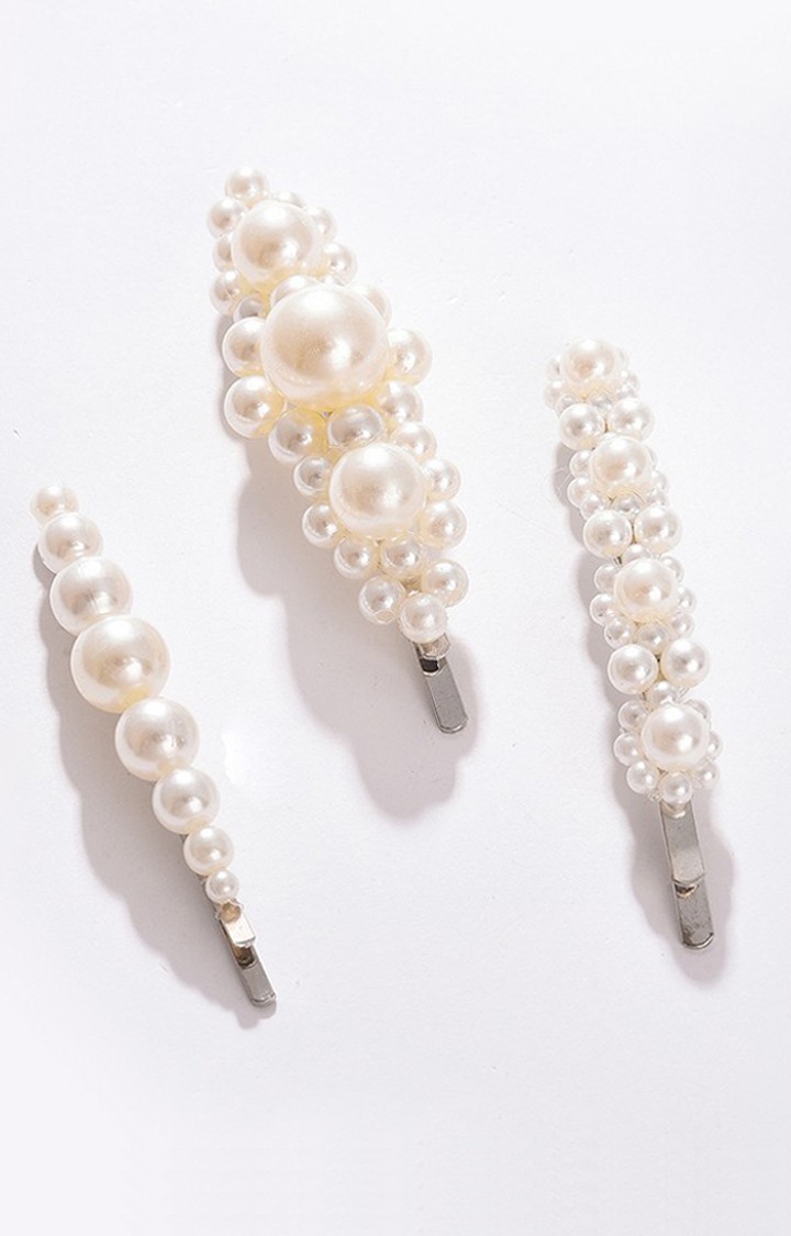 Women's Set of 3 White Beaded Alligator Hair Clip