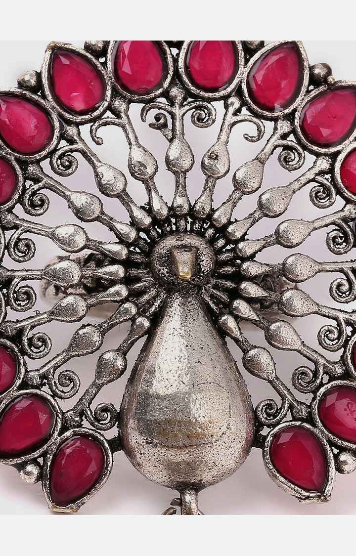 SOHI Women Silver-Plated & Red Stone Studded Peacock Ring
