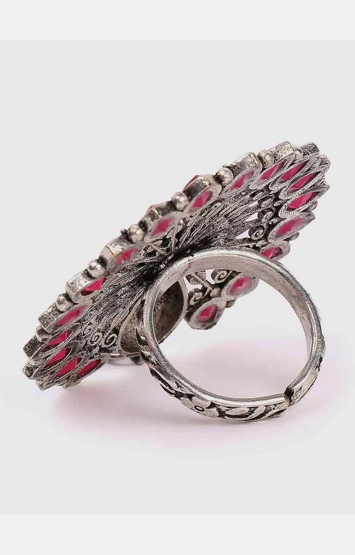 SOHI Women Silver-Plated & Red Stone Studded Peacock Ring