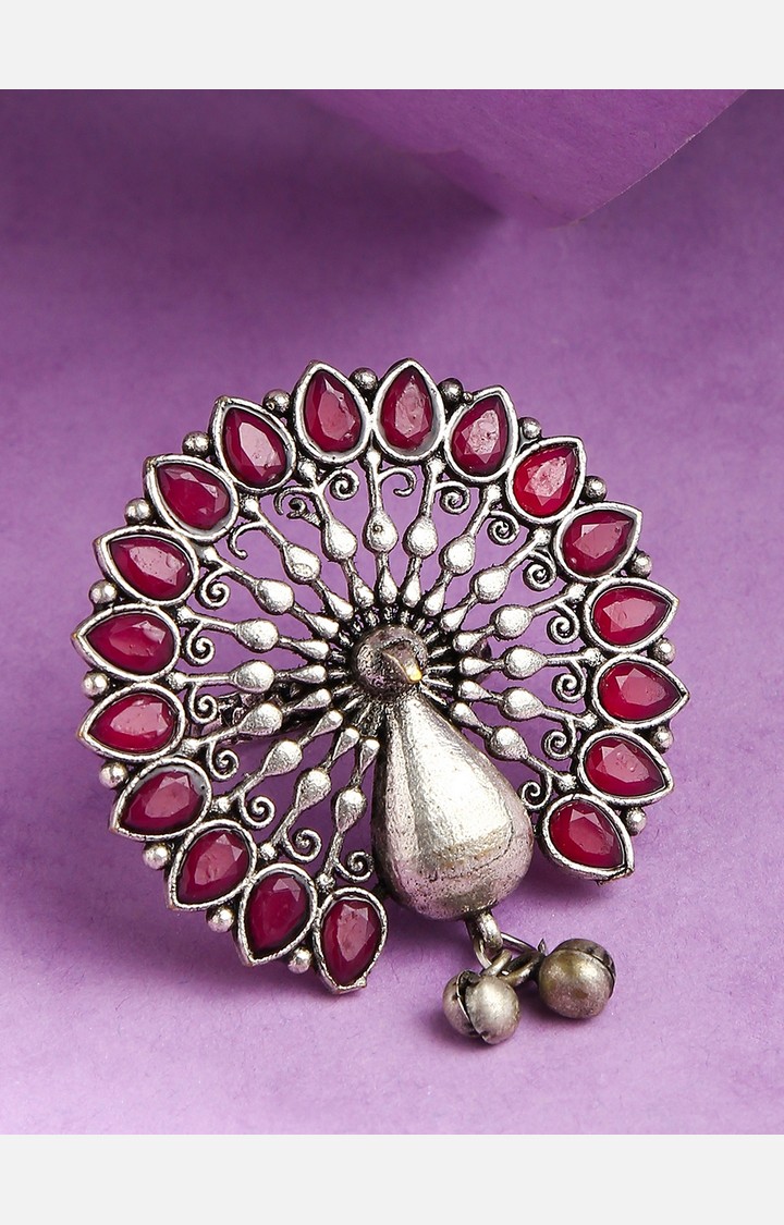 SOHI Women Silver-Plated & Red Stone Studded Peacock Ring