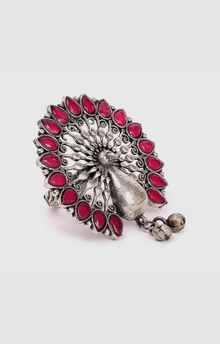 SOHI Women Silver-Plated & Red Stone Studded Peacock Ring