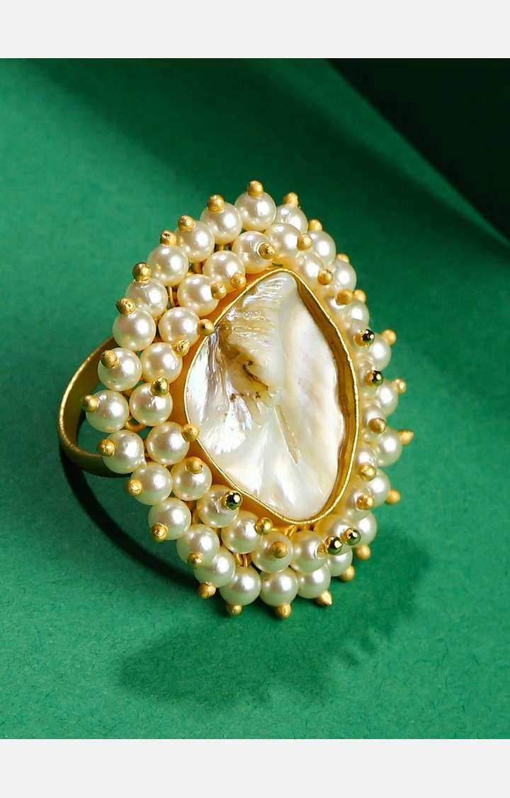 SOHI Gold-Toned White Pearl Beaded Jadau Finger Ring