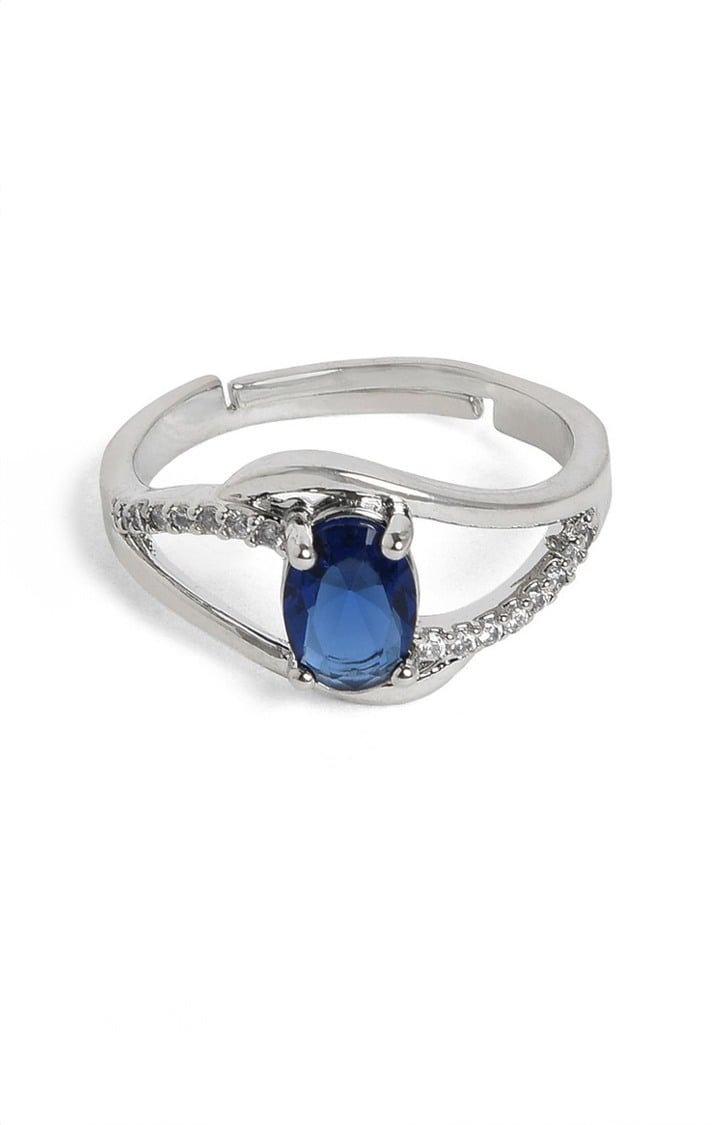 SOHI Silver-Plated Blue Stone-Studded Designer Minimal Finger Ring