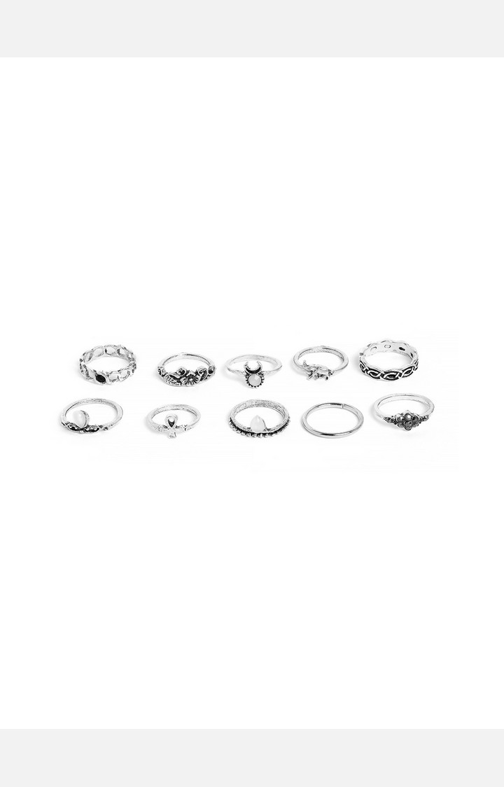 SOHI Set Of 10 Oxidized Silver-Toned & White Adjustable Finger Rings