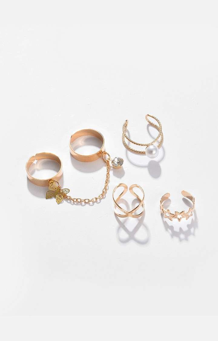 SOHI Set Of 4 Gold-Plated & White Pearls Beaded Finger Rings