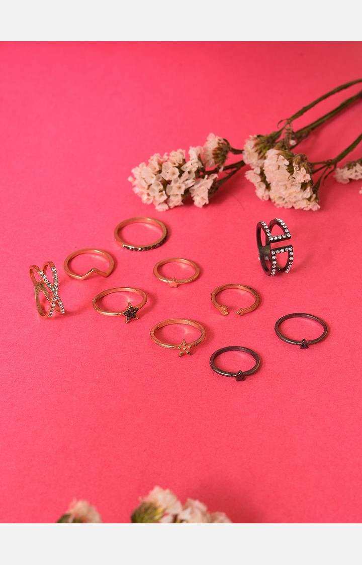 SOHI Set of 10 Gold-Plated Silver-Toned & White Stone Studded Finger Ring