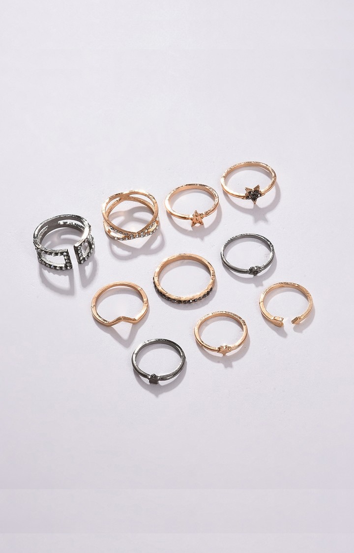 SOHI Set of 10 Gold-Plated Silver-Toned & White Stone Studded Finger Ring