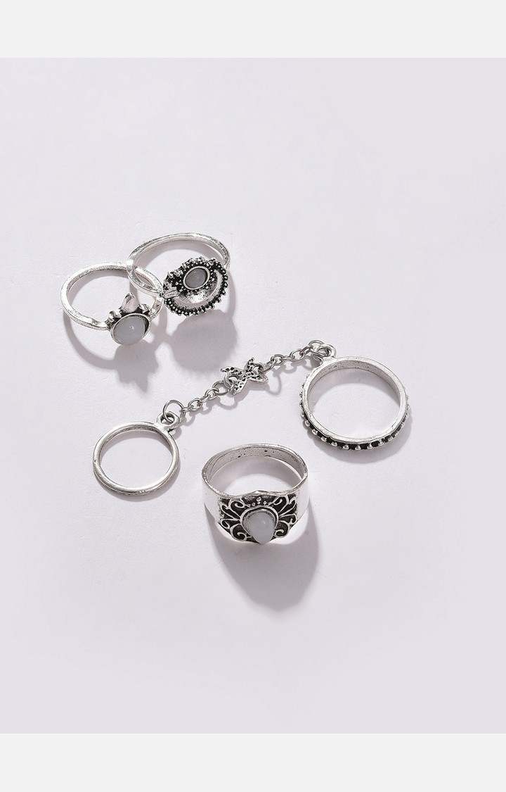 SOHI Set of 4 Oxidised Silver-Plated White Stone-Studded Finger Ring