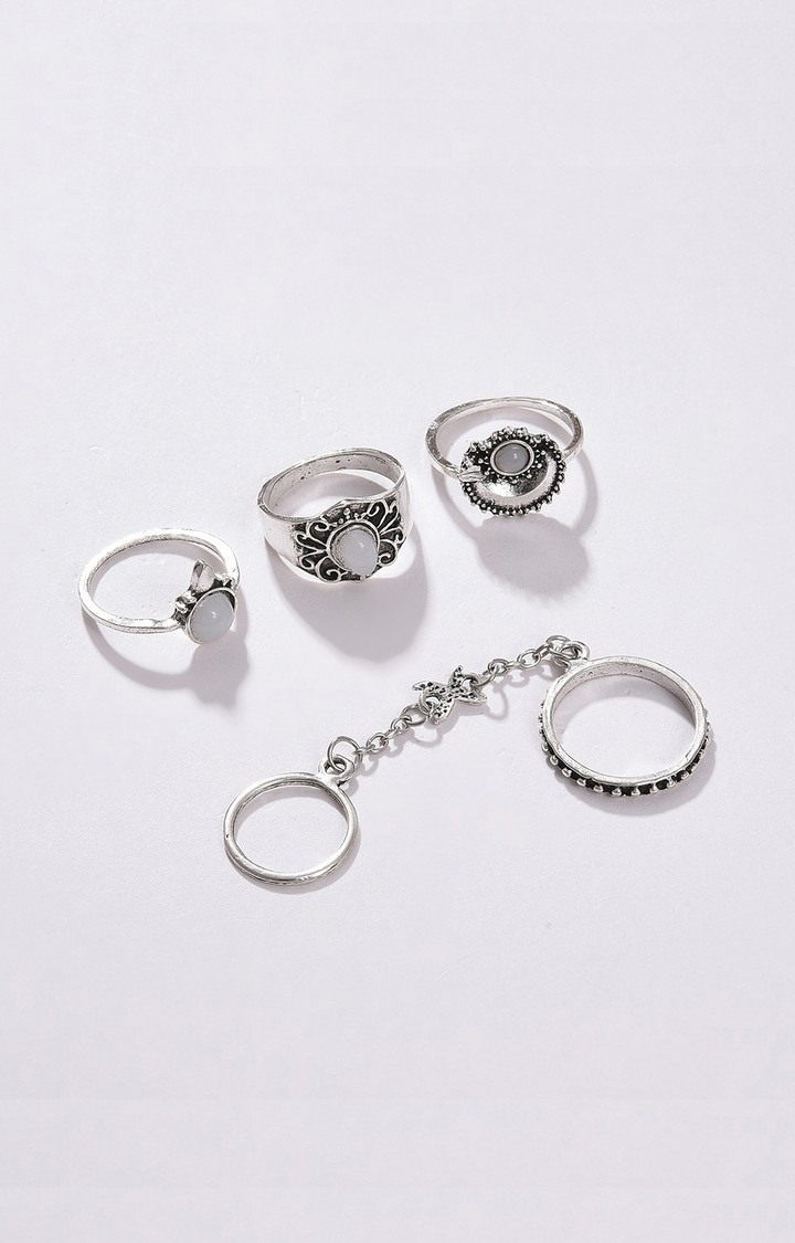 SOHI Set of 4 Oxidised Silver-Plated White Stone-Studded Finger Ring