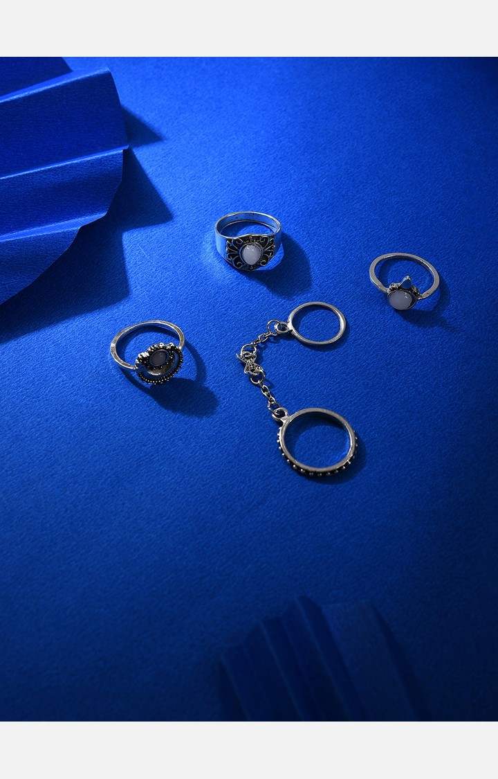 SOHI Set of 4 Oxidised Silver-Plated White Stone-Studded Finger Ring
