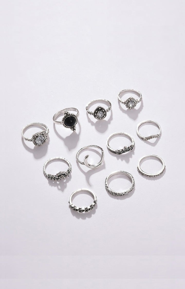 SOHI Set Of 11 Silver-Plated White Stone-Studded Finger Rings