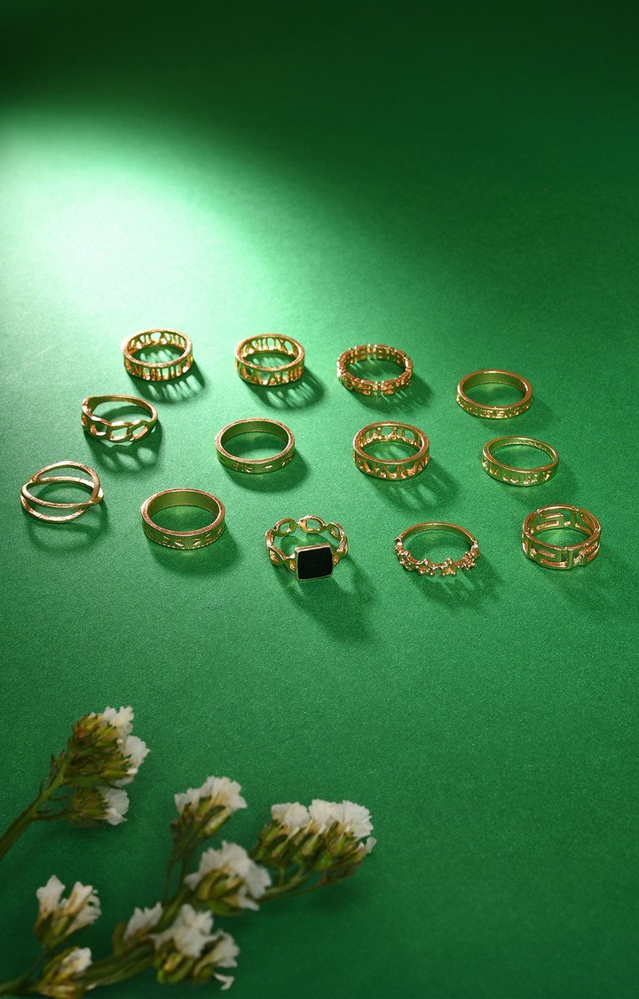 SOHI Set of 13 Gold-Plated Stone Studded Finger Ring