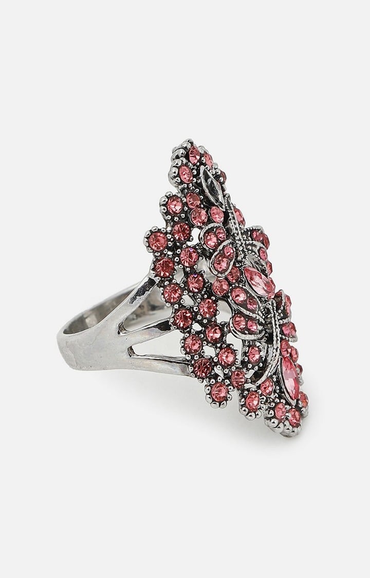 SOHI Silver-Plated Red Stone Studded Finger Ring