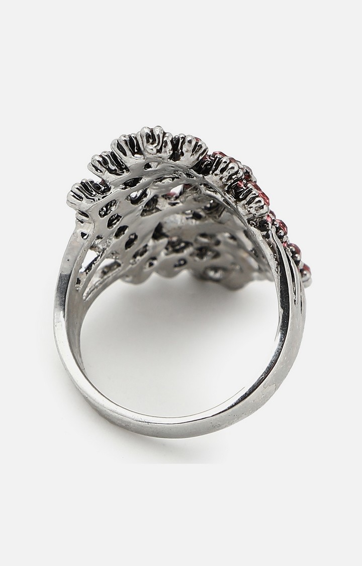 SOHI Silver-Plated Red Stone Studded Finger Ring