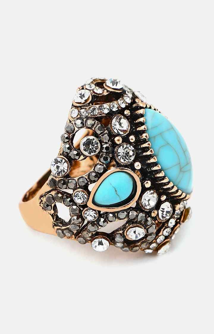 SOHI Gold-Plated Blue Stone-Studded Finger Ring